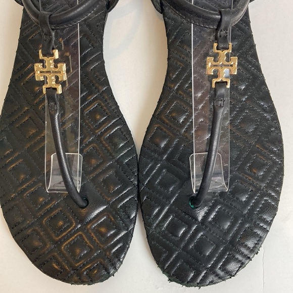 TORY BURCH Marion Quilted Black Leather T-Strap Gold Logo Sandals Size 8 Luxury - Picture 10 of 16